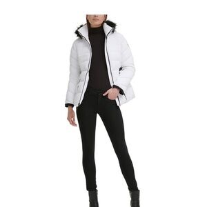 Guess White Puffer Snow Jacket with Black Faux Fur Trim